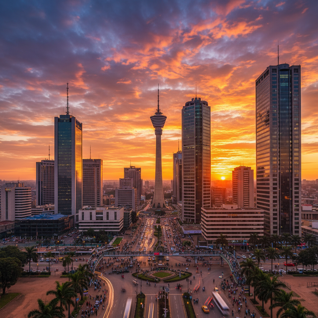 Aerial view of Kuala Lumpur modern city skyline at dusk with deep blue sky
